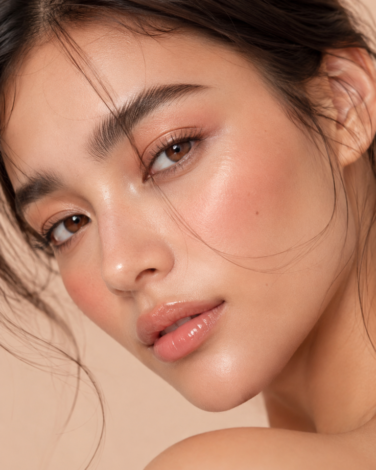 Close-up of natural glowing makeup look using a minimalist 6-product routine Image Title:
