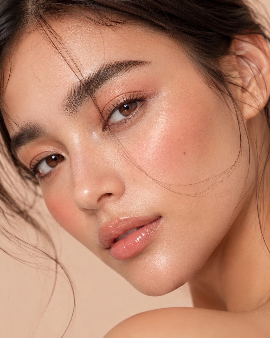 Close-up of natural glowing makeup look using a minimalist 6-product routine Image Title:
